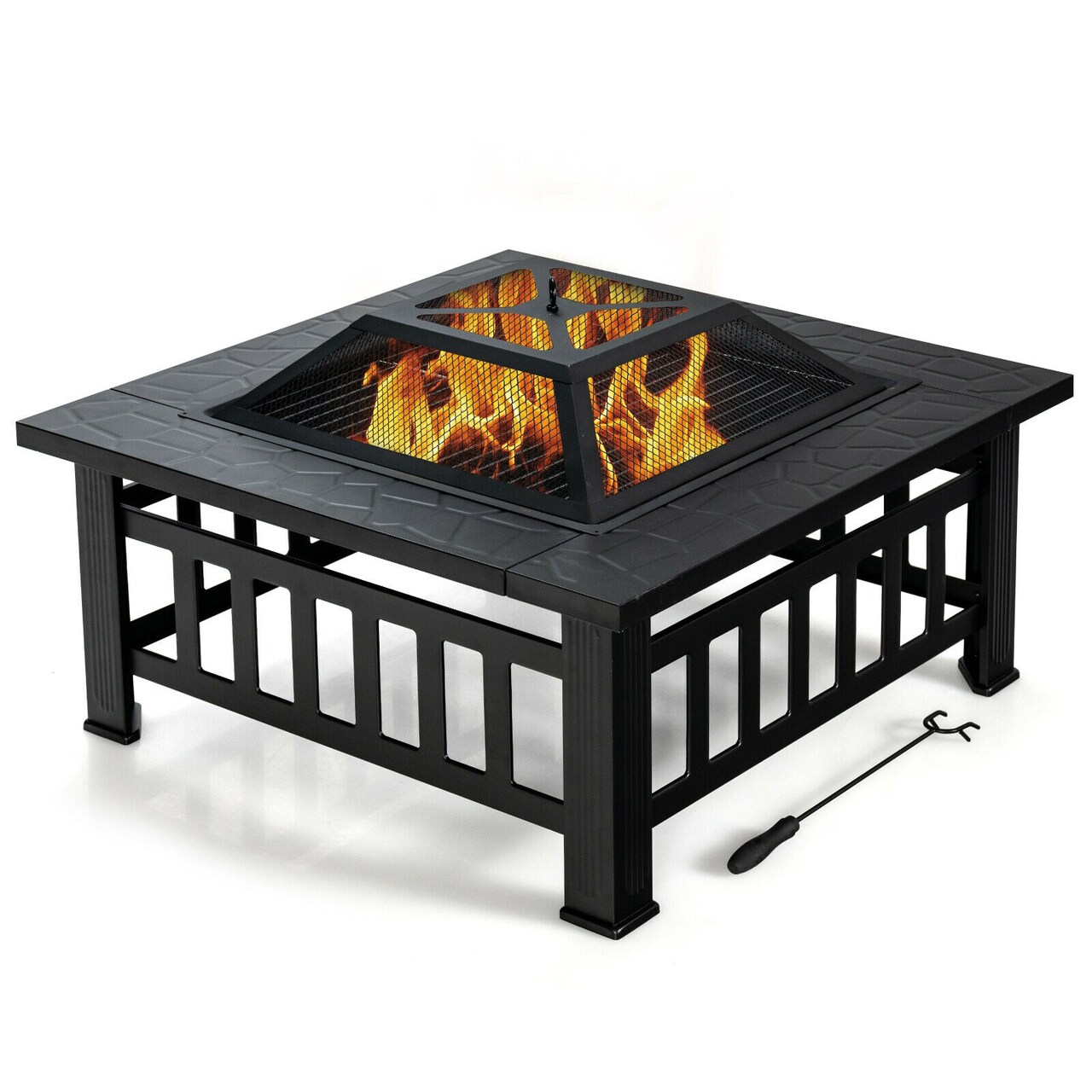 Black Outdoor 32" Square Fire Pit Table with BBQ Grill and Rain Cover